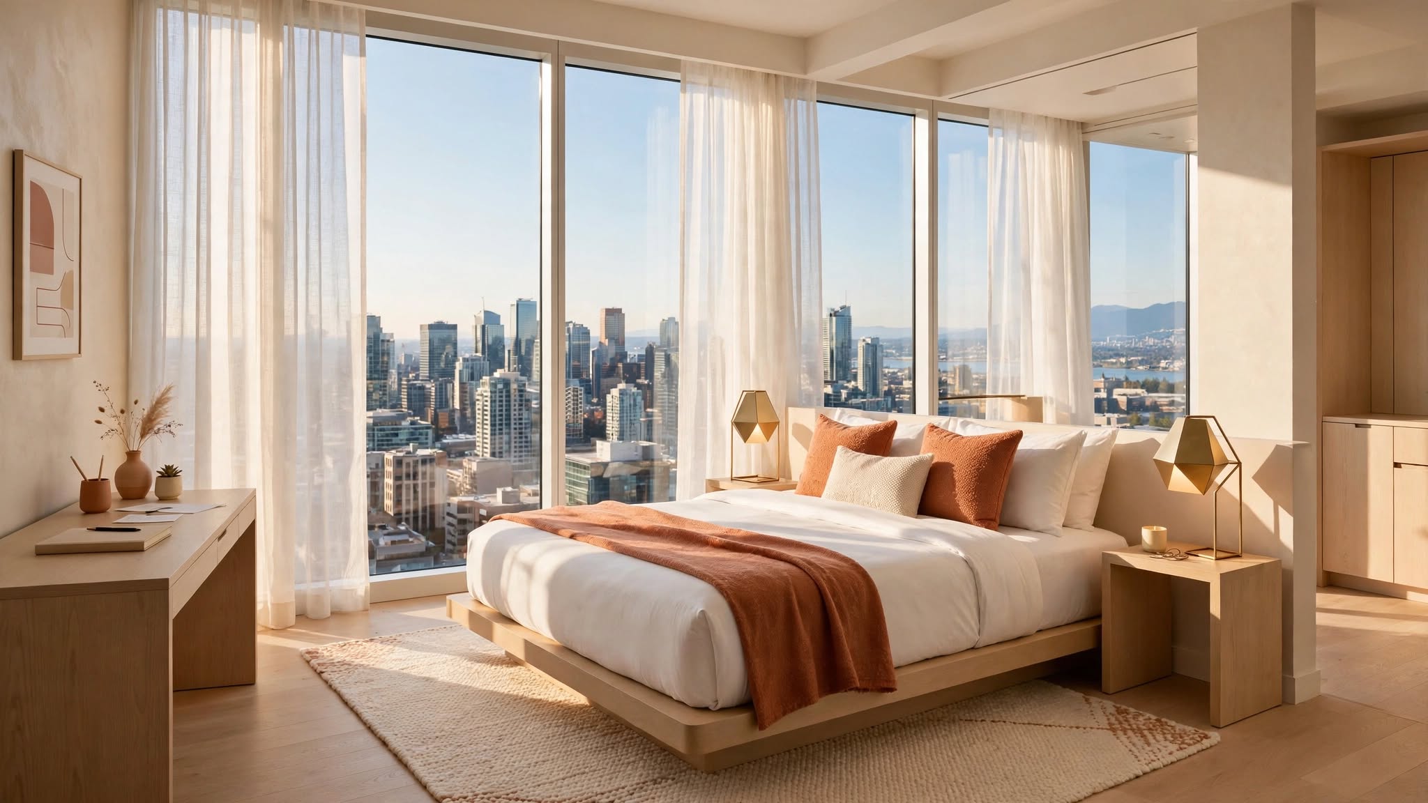 Modern Canadian casino hotel room with panoramic city view and warm daylight