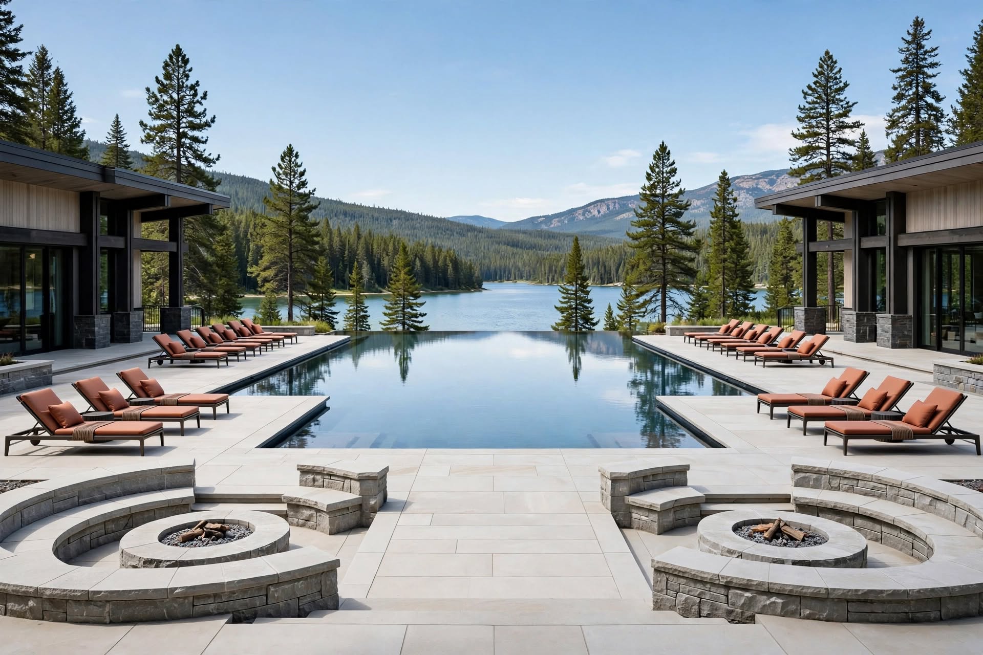 Resort outdoor pool terrace overlooking natural scenery in Canada